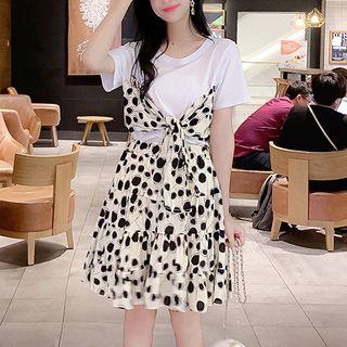 Set: Short-sleeve T-shirt + Dotted A-line Skirt