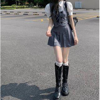 Pleated Mini A-line Skirt / Puff-sleeve Shirt / Double-breasted Vest