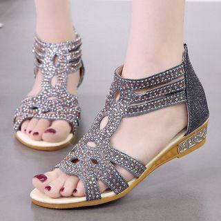 Embellished Kitten Wedge Cuffed Sandals