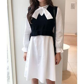 Set: Sleeveless Cropped Knit Top + Tie-neck Shirtdress White - One Size