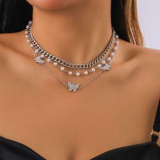 Butterfly Rhinestone Faux Pearl Choker / Butterfly Alloy Necklace / Faux Pearl Choker / Alloy Choker / Set