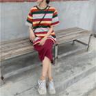 Striped Short-sleeve T-shirt / Slit Midi Skirt