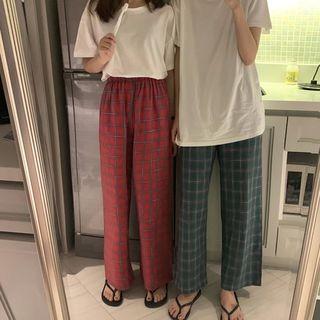 Set: Short-sleeve T-shirt + Plaid Wide Leg Pants