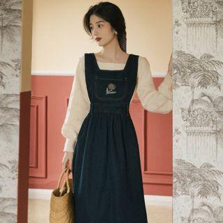 Set: Puff-sleeve Sweater + Floral Embroidered Denim Overall Dress