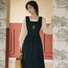 Set: Puff-sleeve Sweater + Floral Embroidered Denim Overall Dress