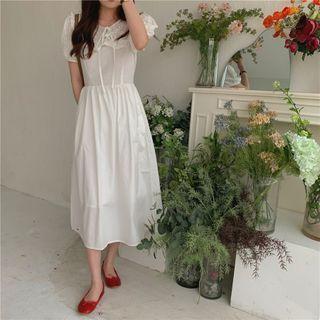 Puff-sleeve Tie-neck Ruffled Trim A-line Midi Dress White - One Size