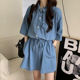 Elbow-sleeve Denim Collared Mini A-line Dress Blue - One Size