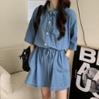 Elbow-sleeve Denim Collared Mini A-line Dress Blue - One Size
