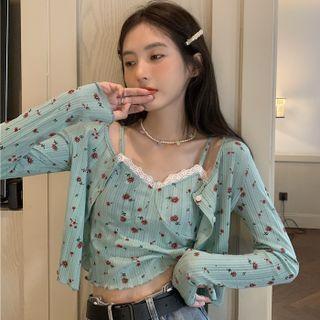 Lace Trim Floral Camisole Top / Light Cropped Cardigan