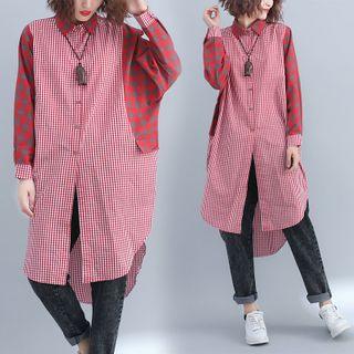 Plaid Panel Asymmetrical Medium Long Shirt