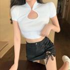 Short-sleeve Keyhole Cropped Top / Lace-up Mini Denim Pencil Skirt