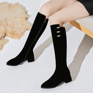 Suede Rhinestone Buttoned Block Heel Tall Boots