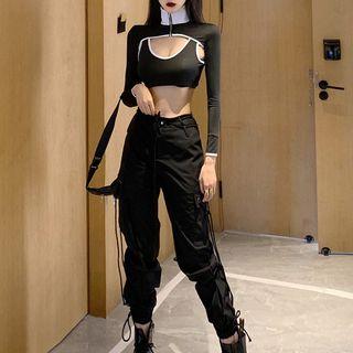 Cropped Contrast Trim Tank Top / Long-sleeve Crop Top / Cropped Harem Pants / Set