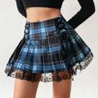 Lace-up Plaid Pleated Mini A-line Skirt
