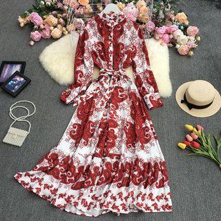 Long-sleeve Print Midi A-line Dress Wine Red - One Size