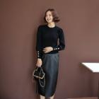 Button-cuff Bishop-sleeve Knit Top