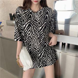 Elbow-sleeve Zebra Print T-shirt Black & White - One Size