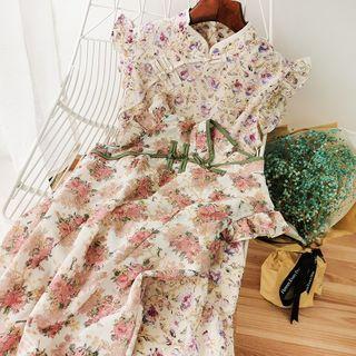 Floral Print Crochet Qipao Dress