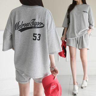 Set: Elbow-sleeve Letter Print Top + Sweat Shorts