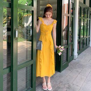 Spaghetti Strap Ruffle Trim Slit Midi A-line Dress