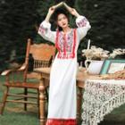 Long-sleeve Floral Embroidered Fringed Midi A-line Dress