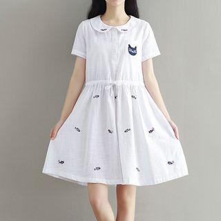 Cat Embroidered Collared Short Sleeve Dress