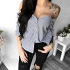 Elbow-sleeve Cold-shoulder Striped Top