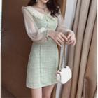 Long-sleeve Mesh Panel Collar Tweed Mini Dress