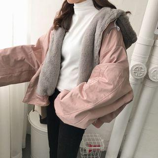 Furry-trim Zip Hooded Jacket Pink - One Size
