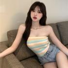 Striped Knit Cropped Tube Top Yellow & Blue & Pink - One Size