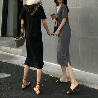 Short-sleeve Open Back Plain Split-hem Dress