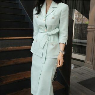 Set: Pocket Detail 3/4-sleeve Blazer + Midi Straight-fit Skirt