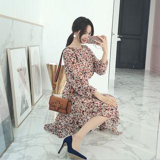 Asymmetric-hem Floral Chiffon Dress With Sash