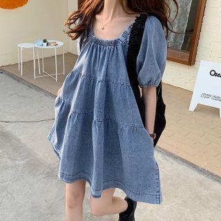 Puff-sleeve Denim Mini Shift Dress