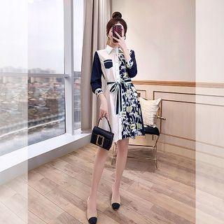 Long-sleeve Printed Paneled A-line Mini Shirt Dress