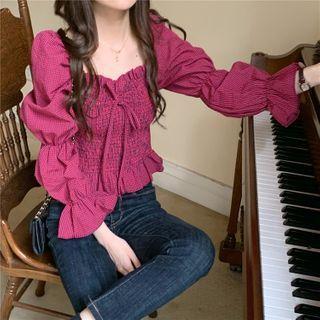 Plaid Puff-sleeve Ruched Blouse