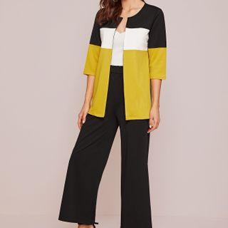 Set: Color-block Open-front Cardigan + Wide Leg Pants
