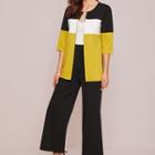 Set: Color-block Open-front Cardigan + Wide Leg Pants