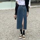 Slit-hem Denim Midi Pencil Skirt