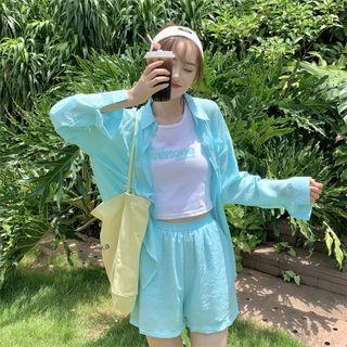 Set: Lettering Print Tank Top + Shirt + Wide Leg Shorts Sky Blue - One Size