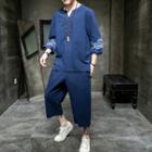 Set: Elbow-sleeve Cloud Embroidered Shirt + Harem Pants