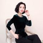 Long-sleeve Beaded Velvet Top