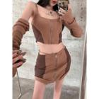 Two-tone Zip Cropped Camisole Top / Two-tone Mini Skirt (various Designs)