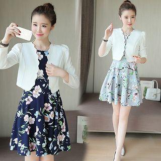 Set: Scallop Trim Bolero + Floral Print Dress