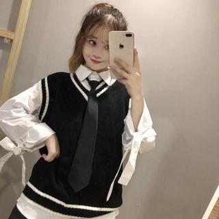 V-neck Striped Knit Vest / Pocket Detail Shirt With Tie