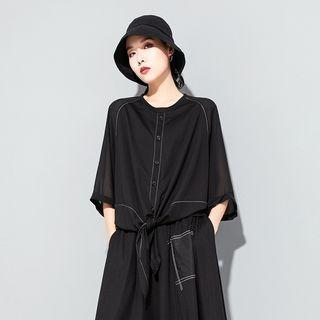 3/4-sleeve Contrast Stitching Blouse