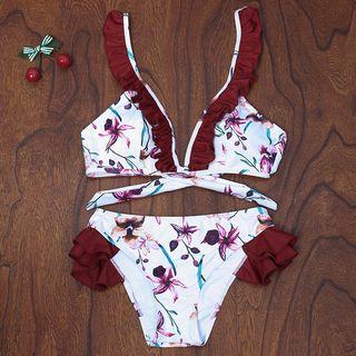 Frill-trim Printed Cross-strap Bikini