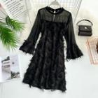 Long-sleeve Feather-accent A-line Chiffon Dress