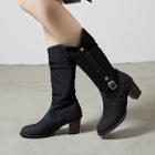 Buckled Denim Block-heel Tall Boots