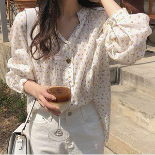 Long-sleeve Band Collar Floral Blouse As Shown In Figure - One Size